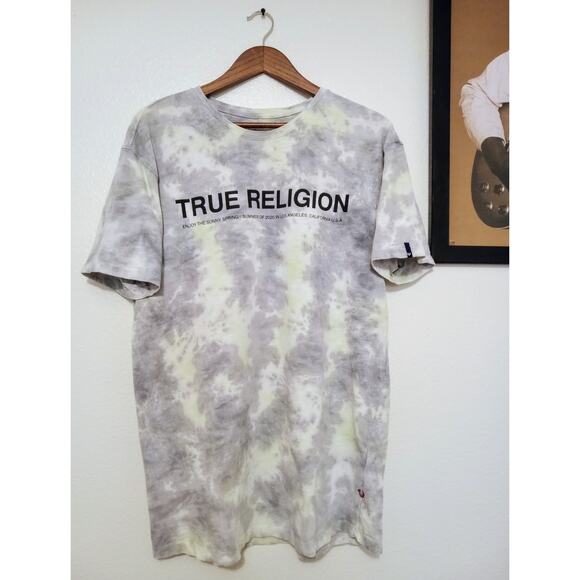 True Religion Spell Out Center Logo Tie-Dye Style Tee Shirt Streetwear SZ L - Picture 1 of 10